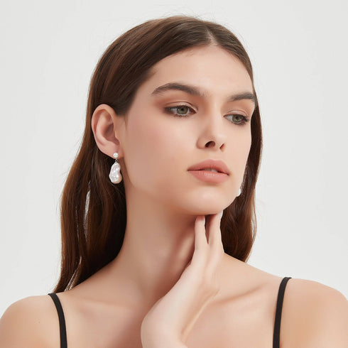 Dual-Tone Baroque Pearl Drop Earrings with Stud Top - House Of Pearls